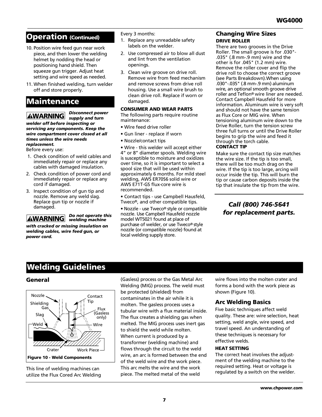 Campbell Hausfeld WG4000 Maintenance, Welding Guidelines, Changing Wire Sizes, General, Arc Welding Basics 