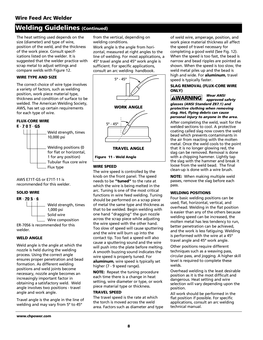 Campbell Hausfeld WG4000 Wire Type and Size, FLUX-CORE Wire, Solid Wire, Weld Angle, Wire Speed, Travel Speed 