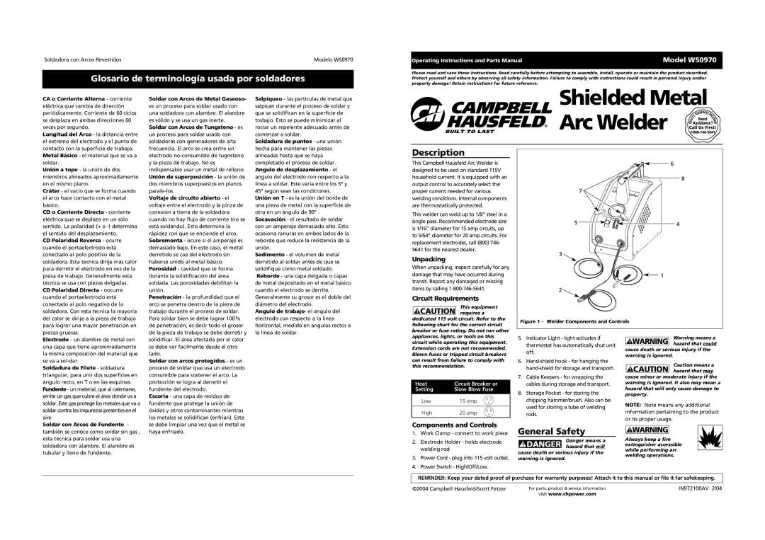 Campbell Hausfeld operating instructions Glosario de terminología usada por soldadores, Description, Model WS0970 