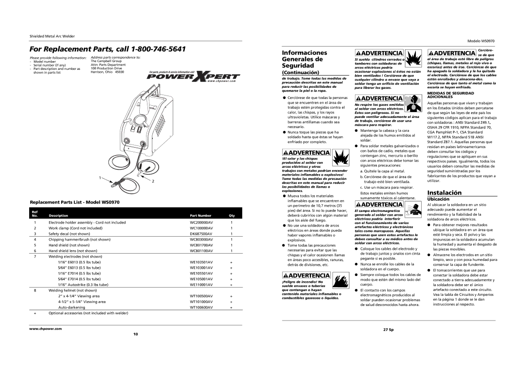 Campbell Hausfeld Informaciones Generales de Seguridad, Replacement Parts List Model WS0970, Ubicación, 27 Sp 