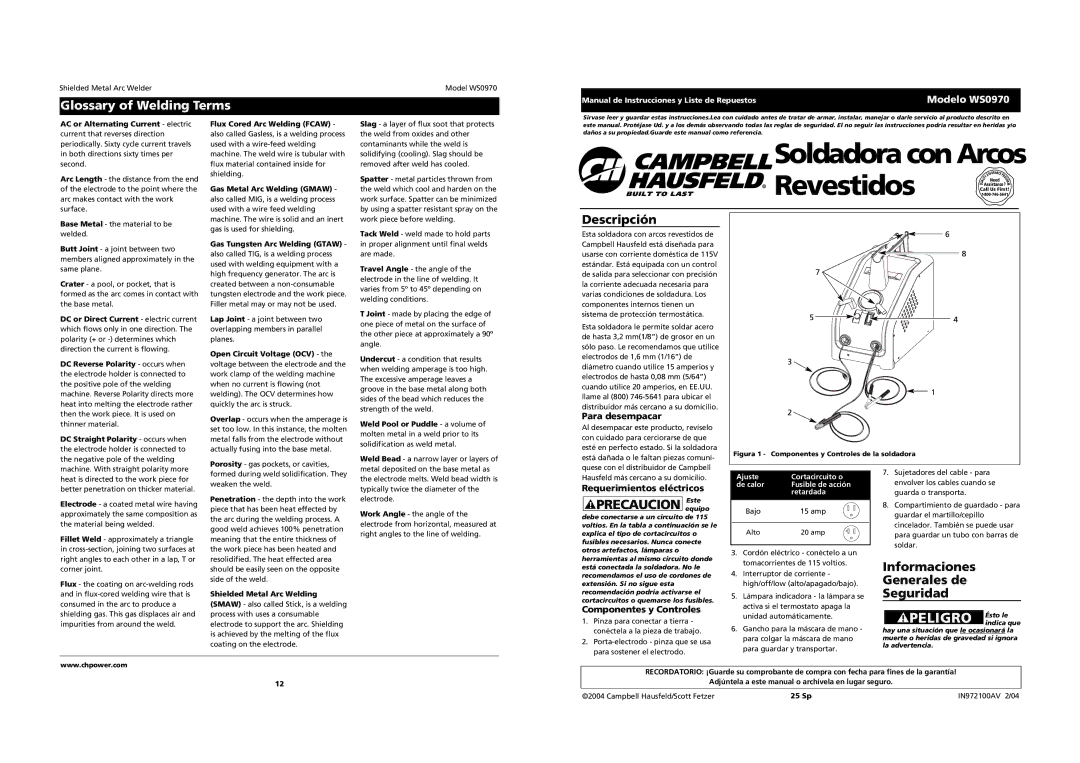 Campbell Hausfeld operating instructions Glossary of Welding Terms, Descripción, Modelo WS0970 