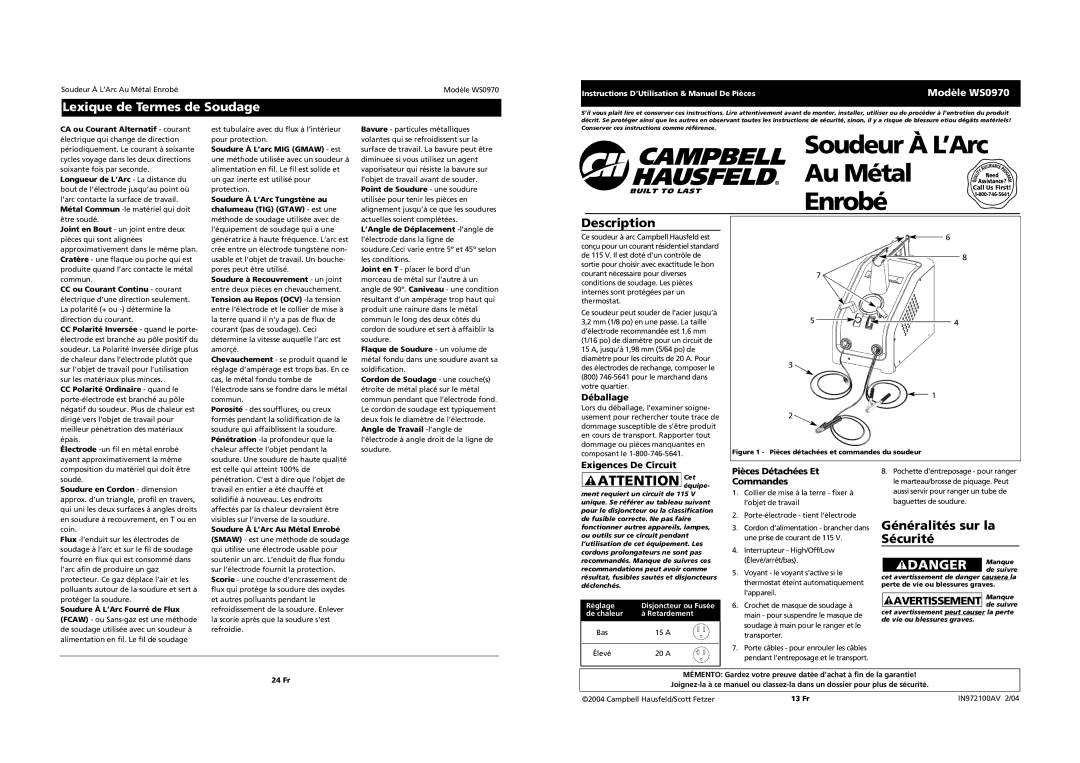 Campbell Hausfeld operating instructions Lexique de Termes de Soudage, Généralités sur la, Sécurité, Modèle WS0970 