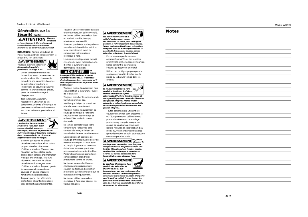 Campbell Hausfeld WS0970 operating instructions Sécurité Suite, 14 Fr, 23 Fr 