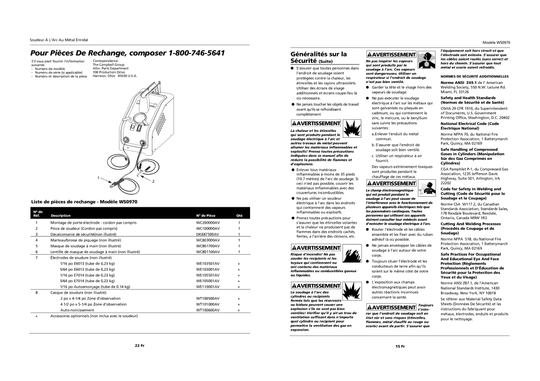 Campbell Hausfeld Généralités sur la Sécurité Suite, Liste de pièces de rechange Modèle WS0970, 22 Fr 15 Fr 
