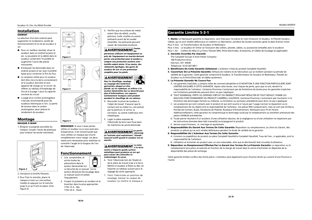 Campbell Hausfeld WS0970 operating instructions Montage, Fonctionnement, Garantie Limitée, Endroit, Masque À Main 