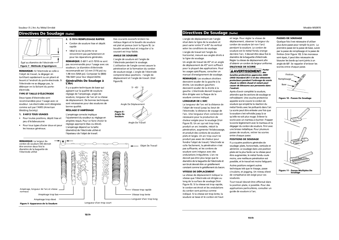 Campbell Hausfeld WS0970 operating instructions Directives De Soudage Suite, Généralités De Soudage à L’Arc 