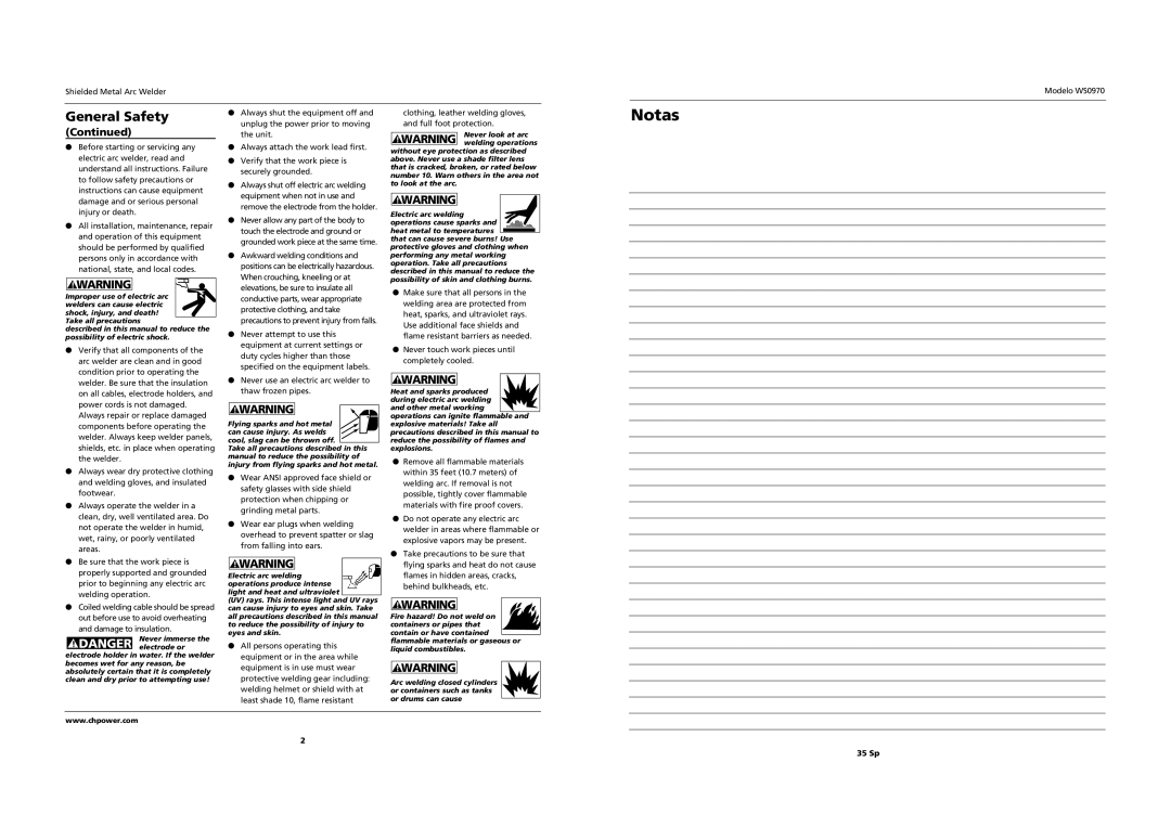 Campbell Hausfeld WS0970 operating instructions General Safety, 35 Sp 