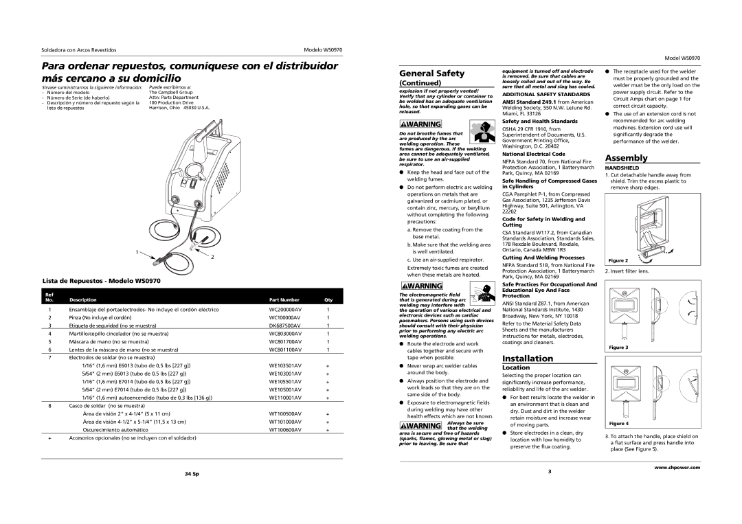 Campbell Hausfeld operating instructions Assembly, Installation, Lista de Repuestos Modelo WS0970, Location 