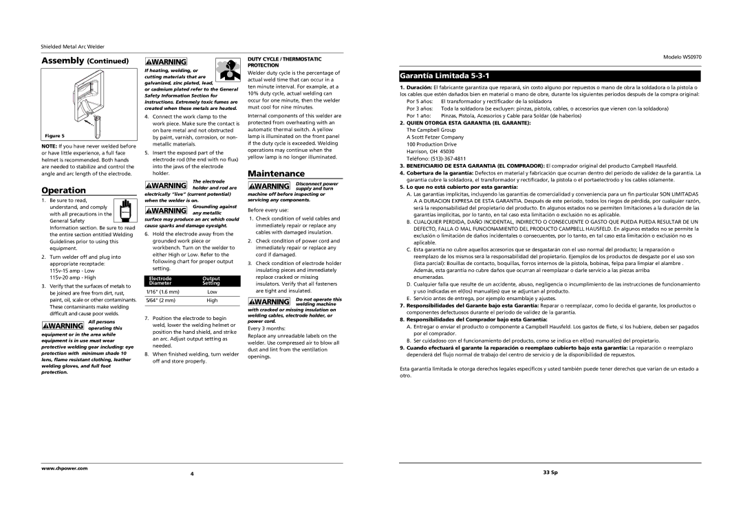 Campbell Hausfeld WS0970 operating instructions Operation, Maintenance, Assembly, Electrode Output Diameter Setting 