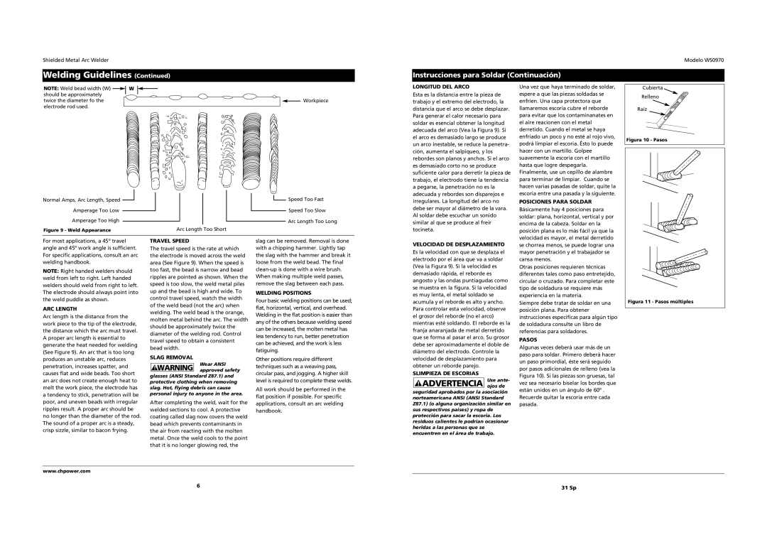 Campbell Hausfeld WS0970 operating instructions Advertencia ojos de, Instrucciones para Soldar Continuación 