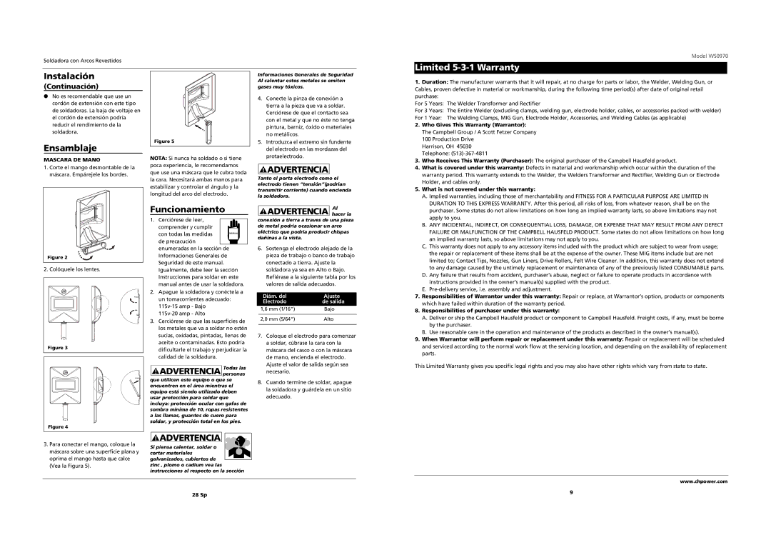 Campbell Hausfeld WS0970 Limited 5-3-1 Warranty, Instalación, Ensamblaje, Advertencia personas, Advertencia hacerAl la 