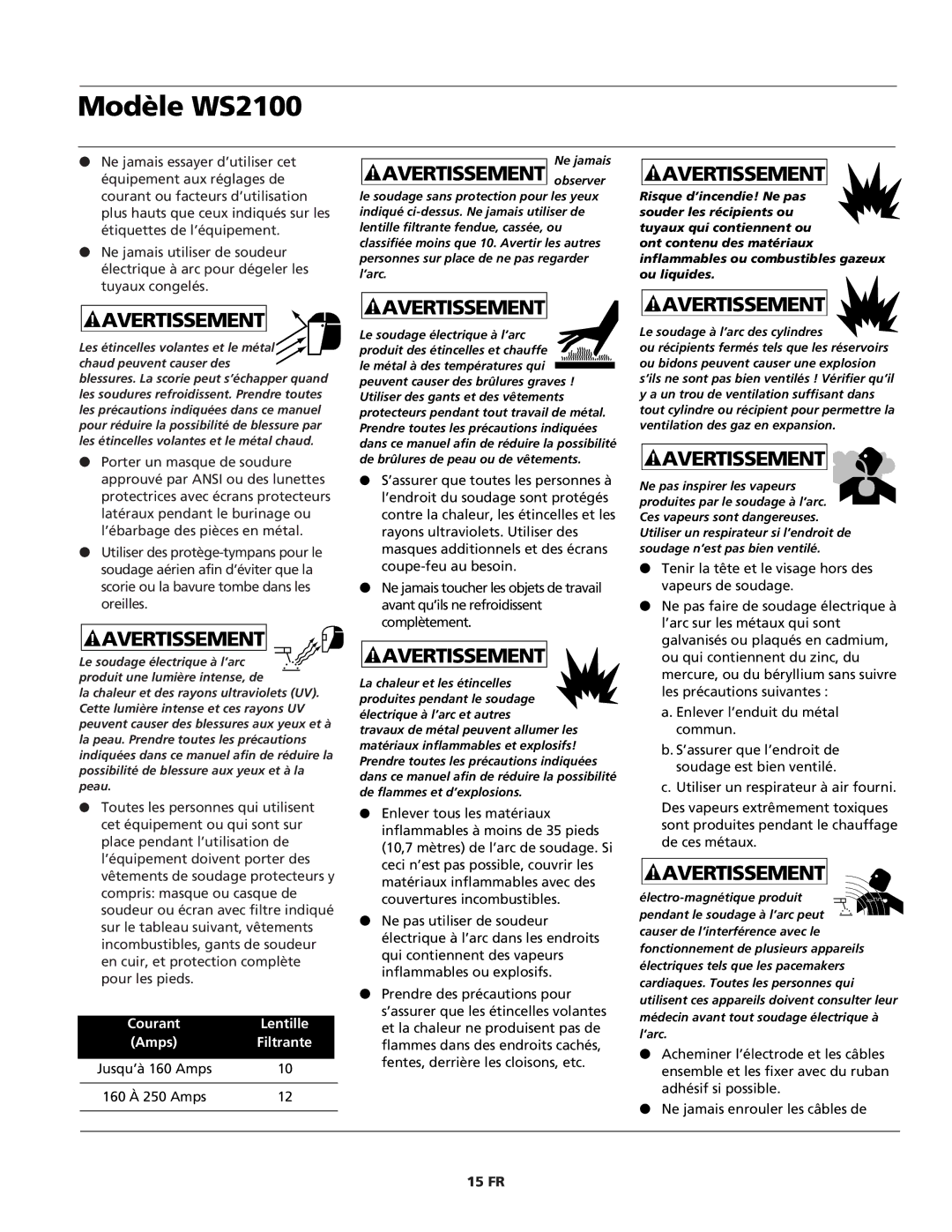 Campbell Hausfeld WS2100 specifications 15 FR, Ne jamais, Le soudage à l’arc des cylindres, Le champ 