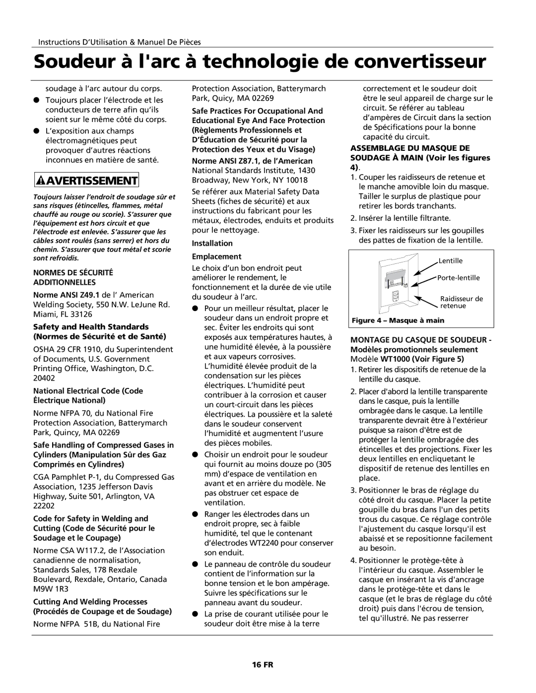 Campbell Hausfeld WS2100 Normes DE Sécurité Additionnelles, National Electrical Code Code Électrique National, 16 FR 