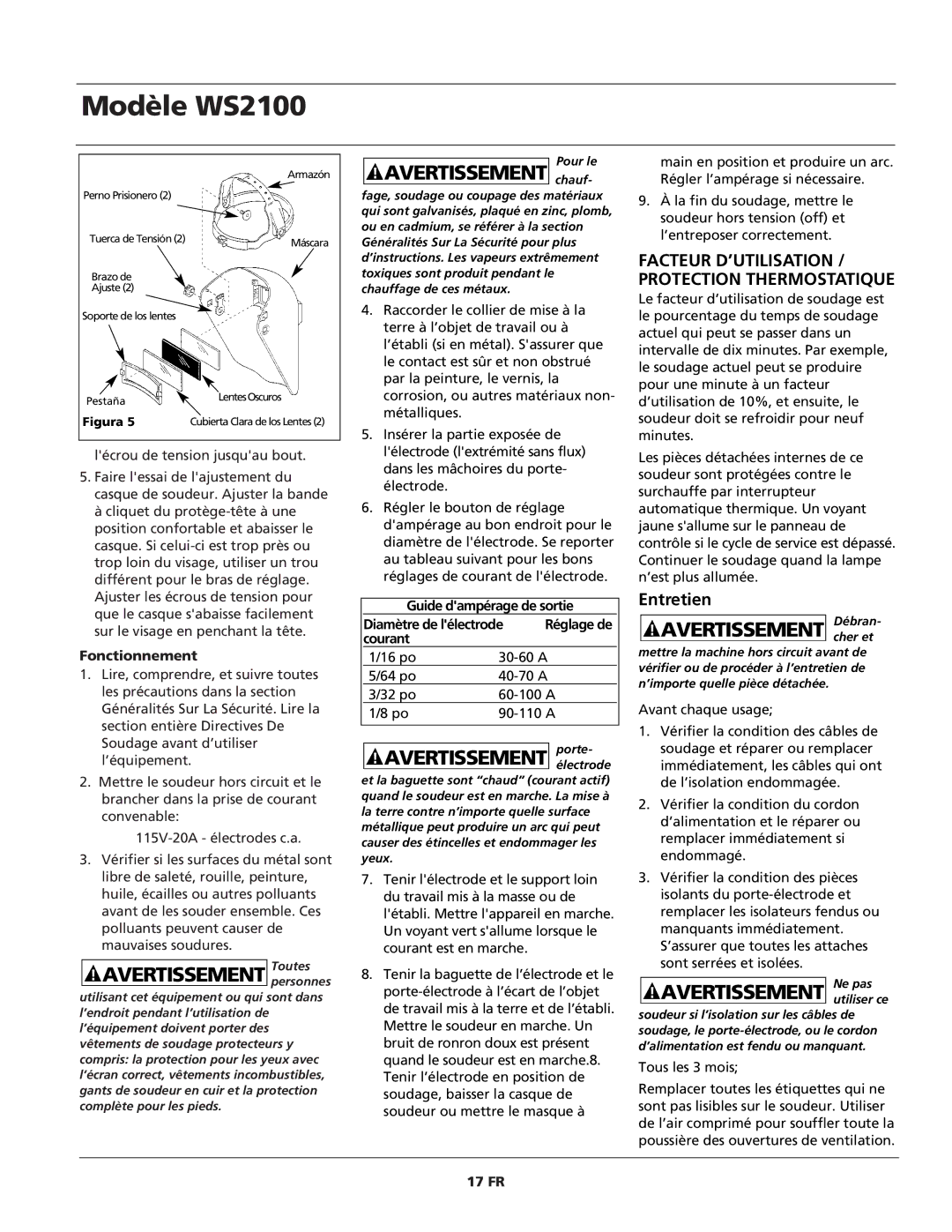 Campbell Hausfeld WS2100 Entretien, Fonctionnement, Guide dampérage de sortie Diamètre de lélectrode, Courant, 17 FR 