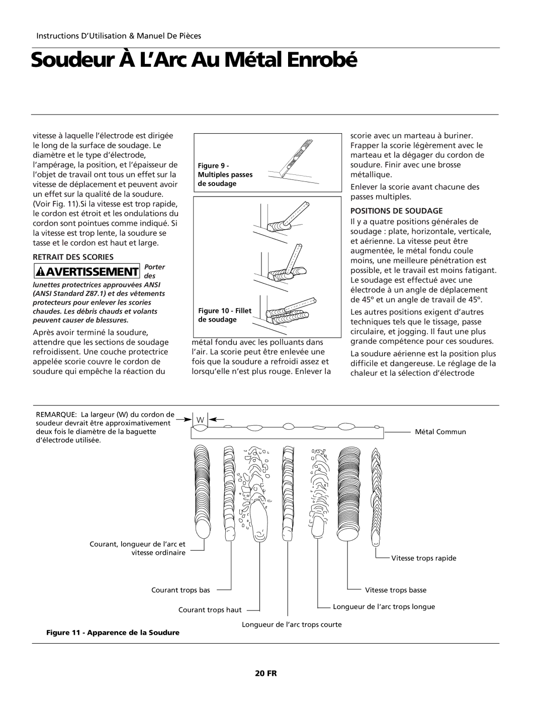 Campbell Hausfeld WS2100 specifications Soudeur À L’Arc Au Métal Enrobé, Positions DE Soudage, 20 FR 