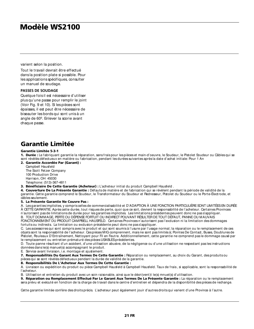 Campbell Hausfeld WS2100 specifications Passes DE Soudage, 21 FR 