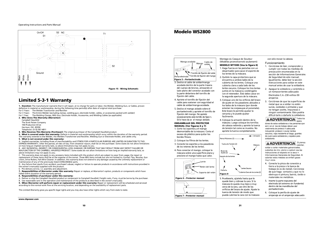 Campbell Hausfeld WS2800 specifications Limited 5-3-1 Warranty, Funcionamiento 