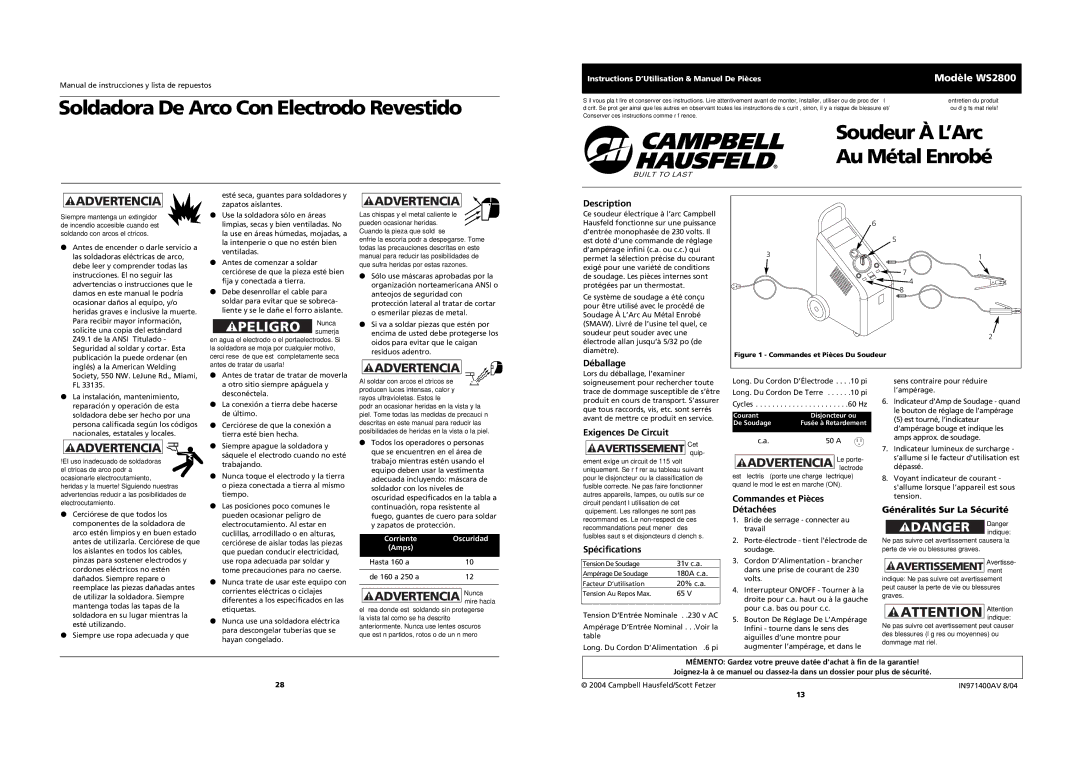 Campbell Hausfeld WS2800 specifications Advertencia Le porte, Commandes et Pièces Détachées, Généralités Sur La Sécurité 