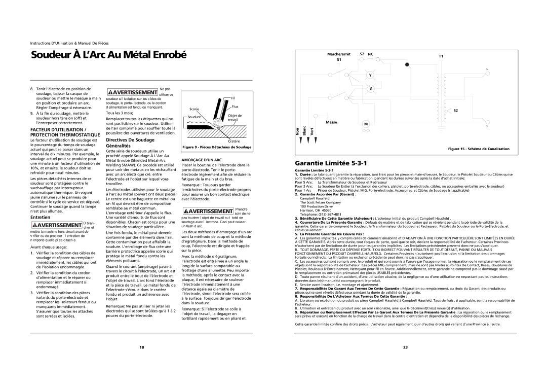 Campbell Hausfeld WS2800 specifications Garantie Limitée, Entretien, Directives De Soudage Généralités, Amorçage D’UN ARC 