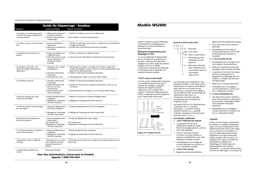 Campbell Hausfeld WS2800 Pour Des Informations Concernant Ce Produit Appeler, Éléments fondamentaux Du Soudage À L’Arc 