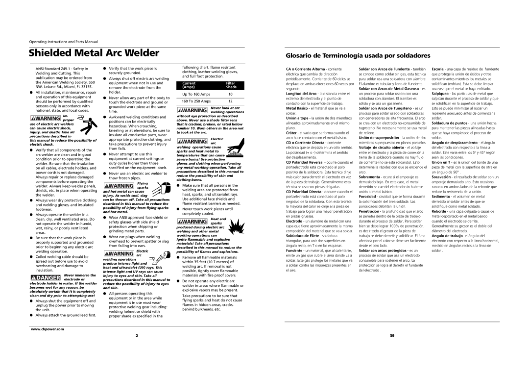 Campbell Hausfeld WS2800 specifications Glosario de Terminología usada por soldadores, Never look at arc 