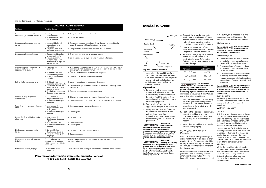 Campbell Hausfeld WS2800 Operation, Duty Cycle / Thermostatic Protection, Maintenance, Welding Guidelines General 