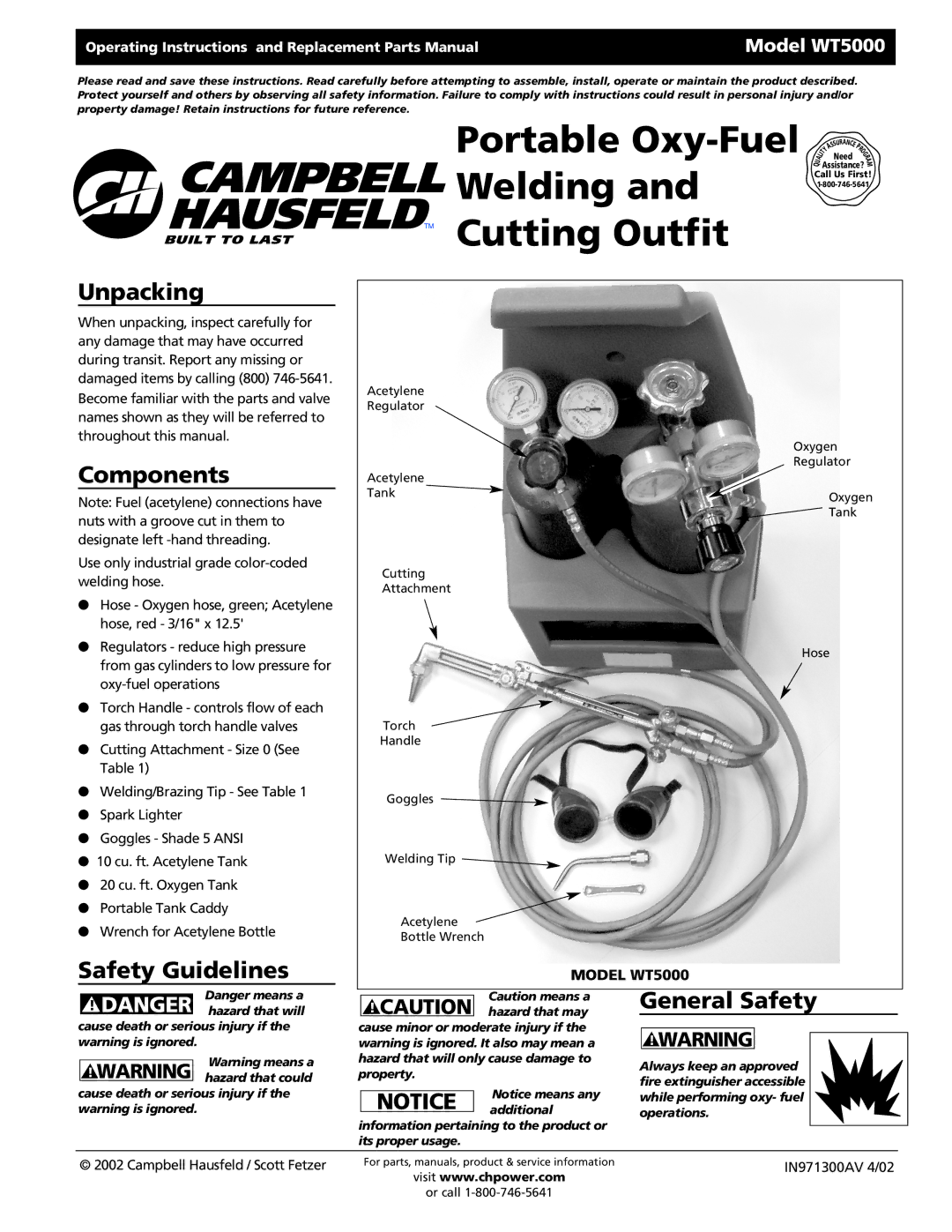 Campbell Hausfeld WT5000 operating instructions Unpacking, Components, Safety Guidelines, General Safety 