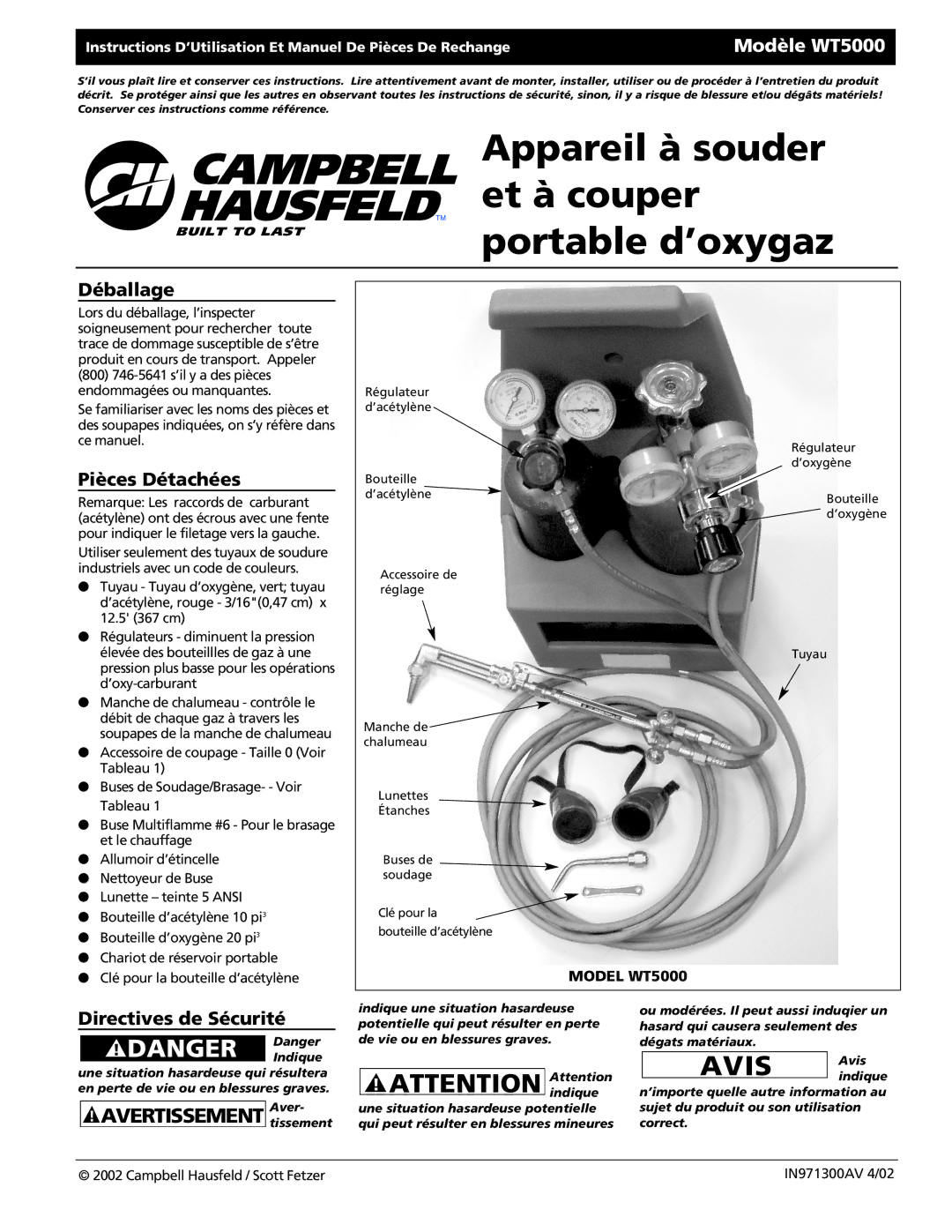 Campbell Hausfeld WT5000 operating instructions Déballage, Pièces Détachées, Directives de Sécurité 