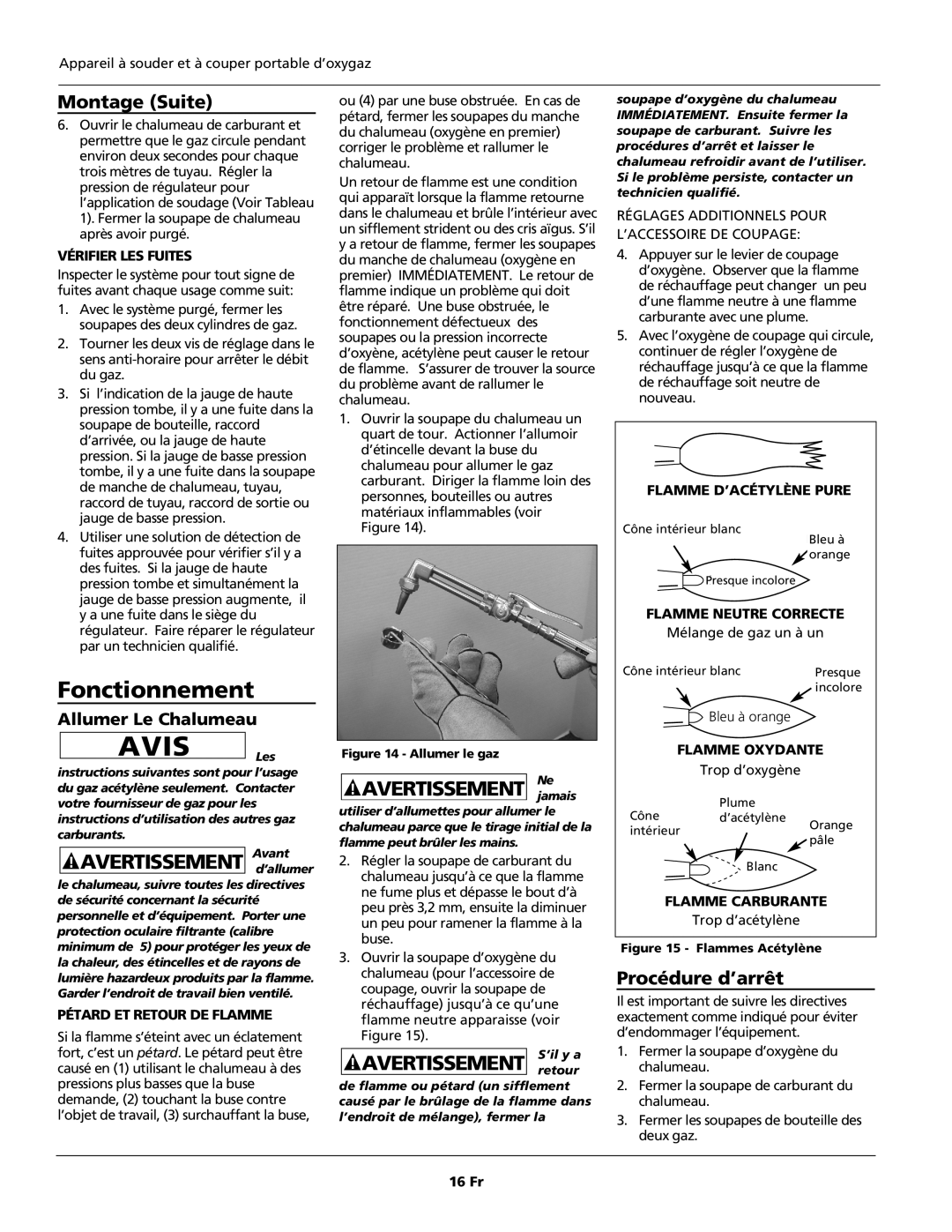 Campbell Hausfeld WT5000 operating instructions Fonctionnement, Procédure d’arrêt, Allumer Le Chalumeau 