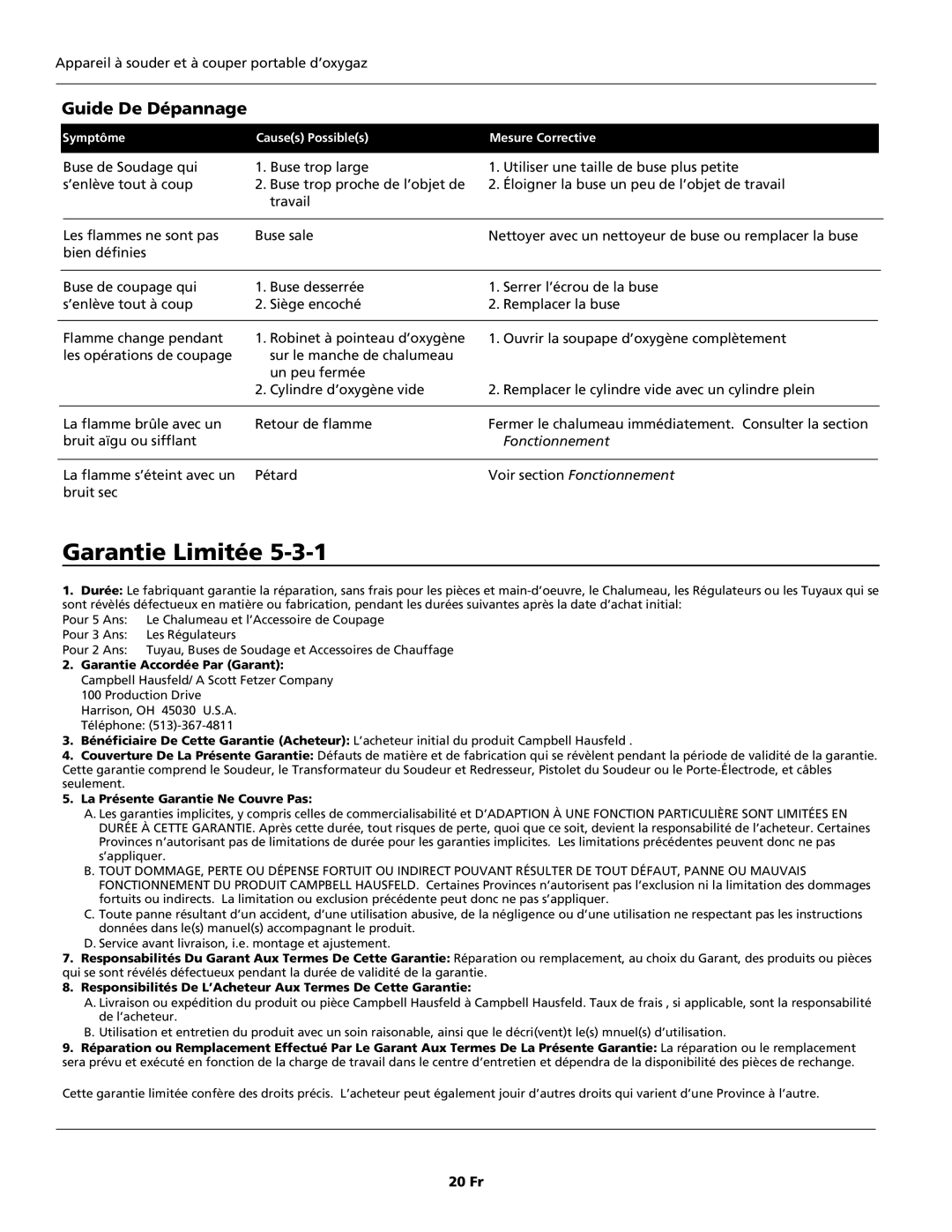 Campbell Hausfeld WT5000 operating instructions Garantie Limitée, Guide De Dépannage 