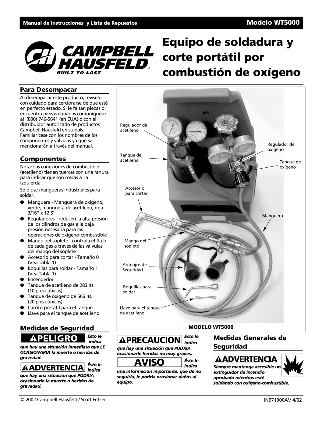 Campbell Hausfeld WT5000 operating instructions Advertencia indica, Para Desempacar, Componentes, Medidas de Seguridad 