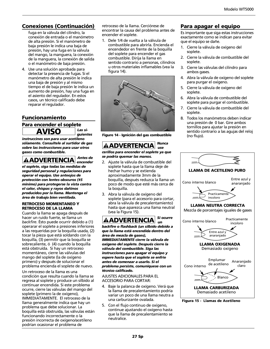 Campbell Hausfeld WT5000 Advertencia encender, Advertencia Nuncause, Advertencia un, Funcionamiento, Para apagar el equipo 