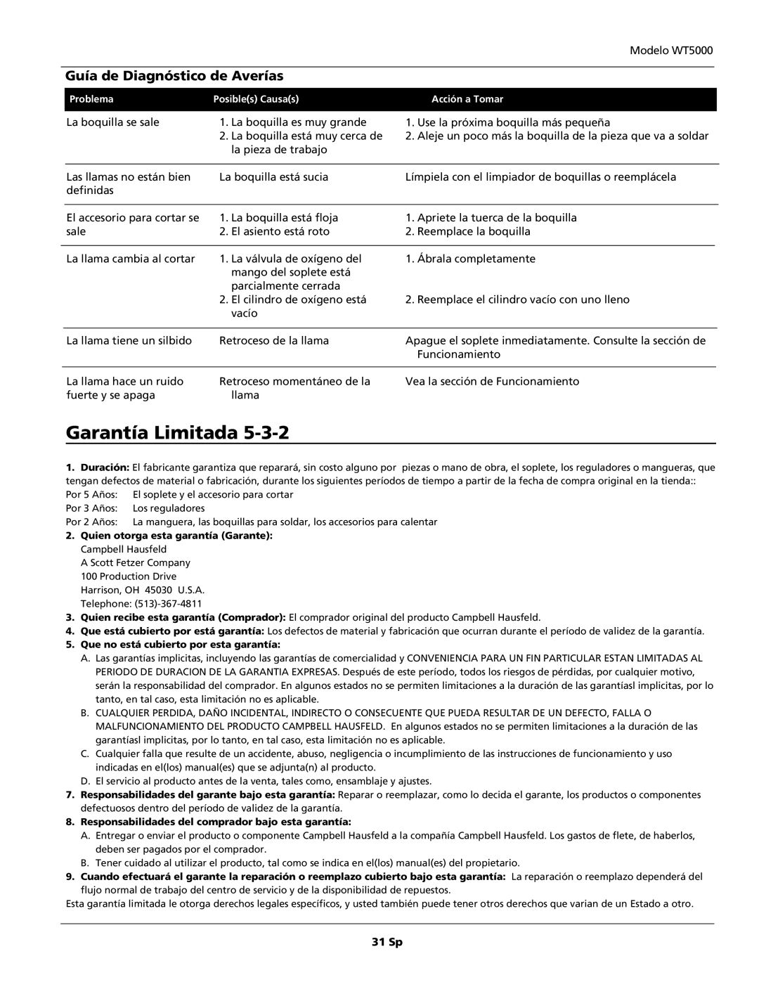 Campbell Hausfeld WT5000 operating instructions Garantía Limitada, Guía de Diagnóstico de Averías 