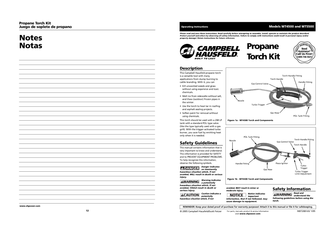 Campbell Hausfeld WT4500, WT5500 warranty Notas, Safety Guidelines, Description, Safety Information 