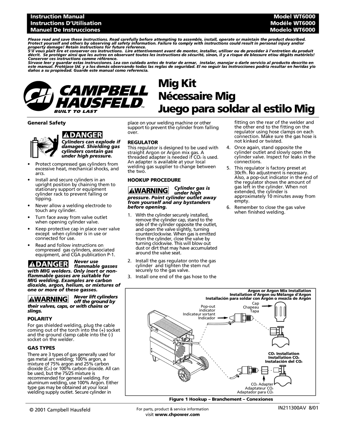 Campbell Hausfeld WT6000 instruction manual General Safety, Regulator, Hookup Procedure, Polarity, GAS Types 