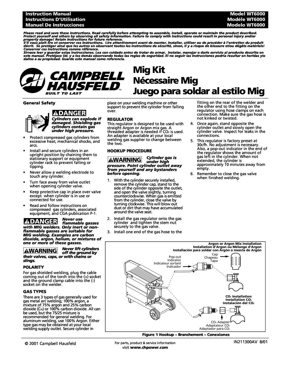 Campbell Hausfeld WT6000 instruction manual General Safety, Regulator, Hookup Procedure, Polarity, Gas Types, Mig Kit 