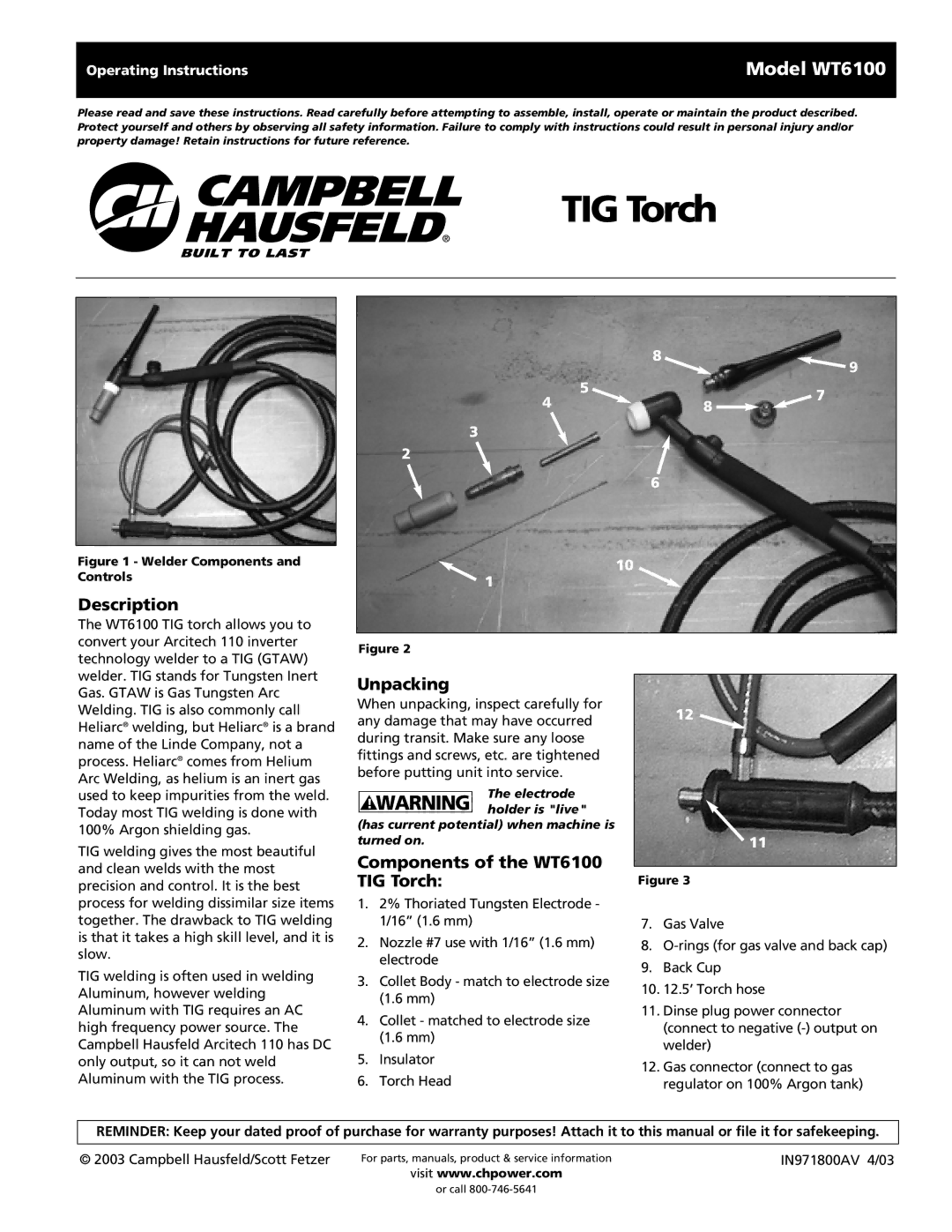 Campbell Hausfeld operating instructions Description, Unpacking, Components of the WT6100 TIG Torch 