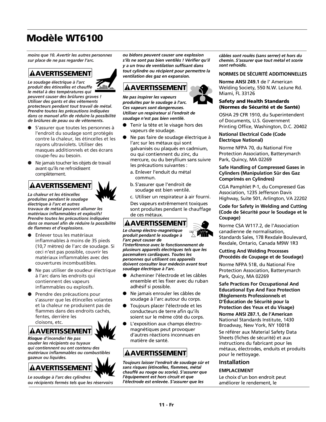 Campbell Hausfeld operating instructions Modèle WT6100, National Electrical Code Code Électrique National 