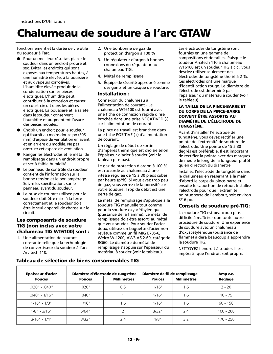 Campbell Hausfeld WT6100 operating instructions Conseils de soudure pré-TIG, Tableau de sélection de biens consommables TIG 