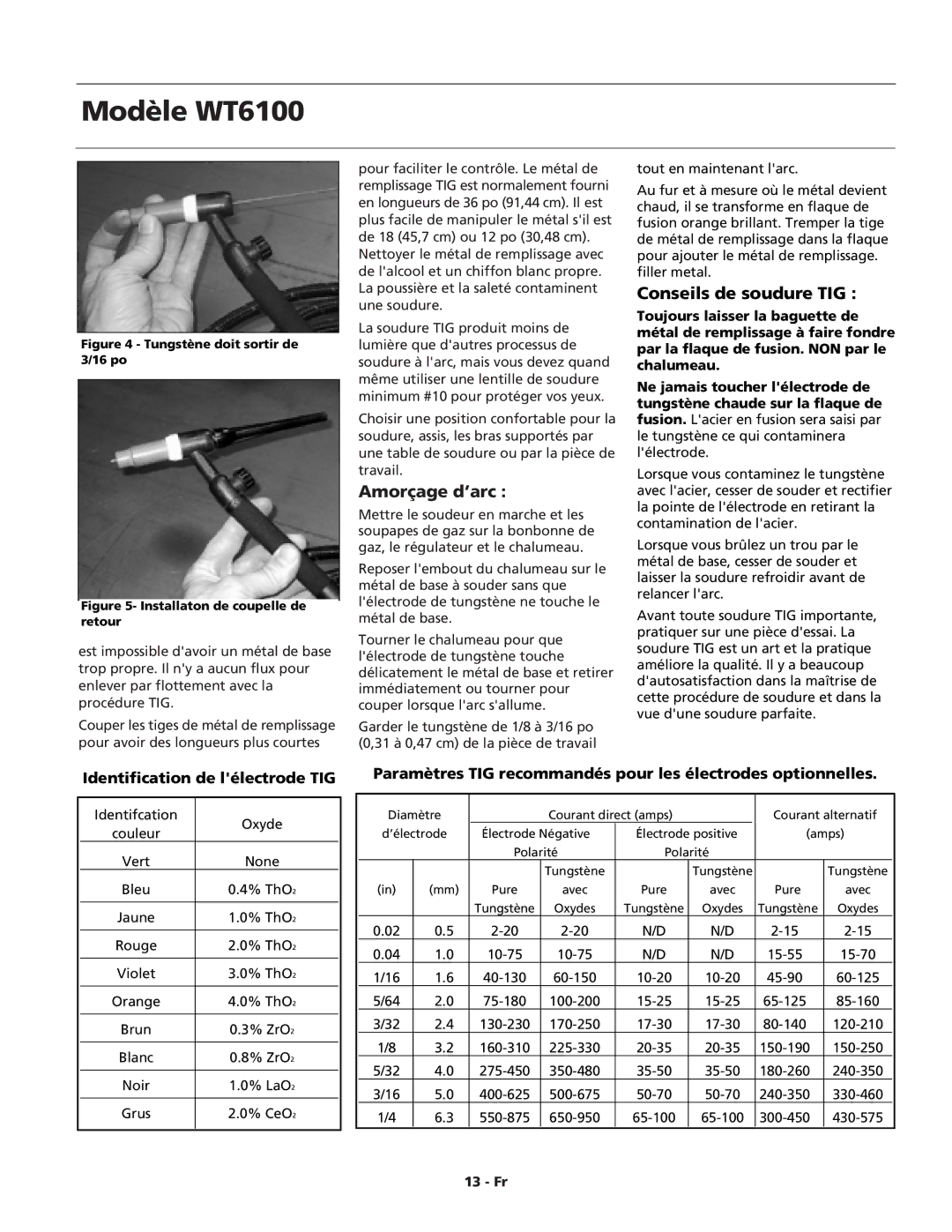 Campbell Hausfeld WT6100 operating instructions Amorçage d’arc, Conseils de soudure TIG 