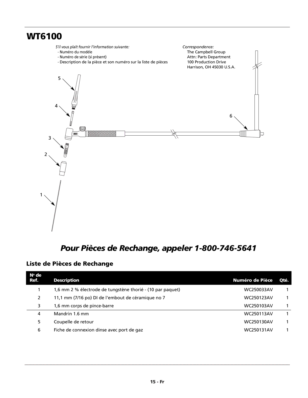 Campbell Hausfeld WT6100 operating instructions Liste de Pièces de Rechange, Description Numéro de Pièce Qté 