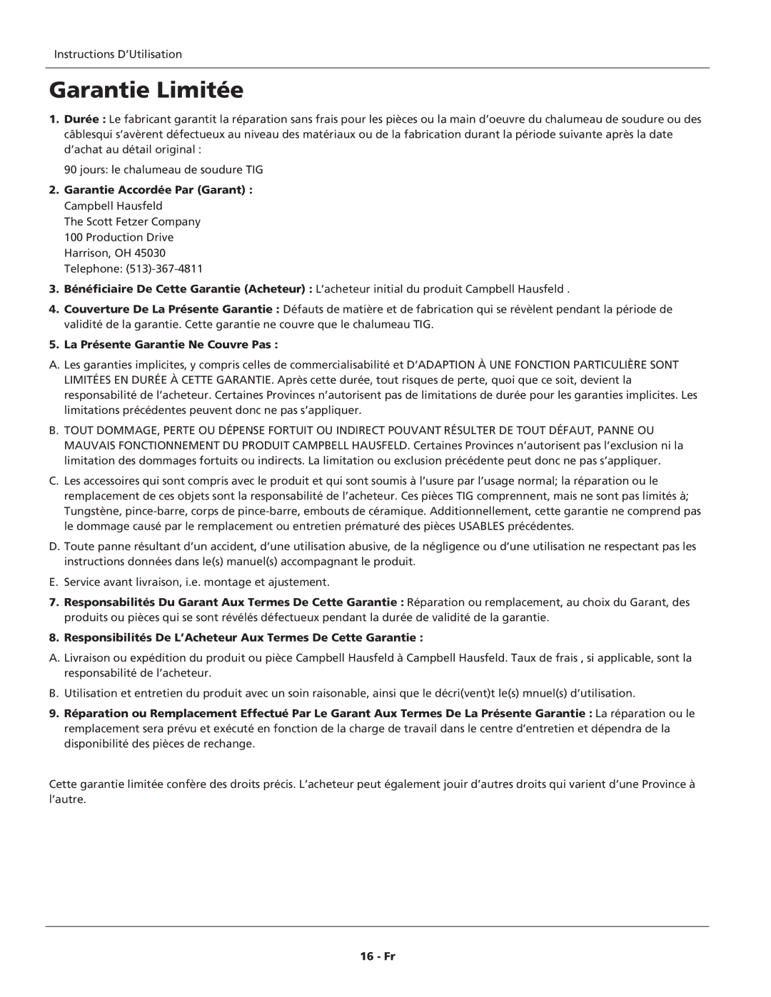 Campbell Hausfeld WT6100 operating instructions Garantie Limitée, Garantie Accordée Par Garant Campbell Hausfeld 