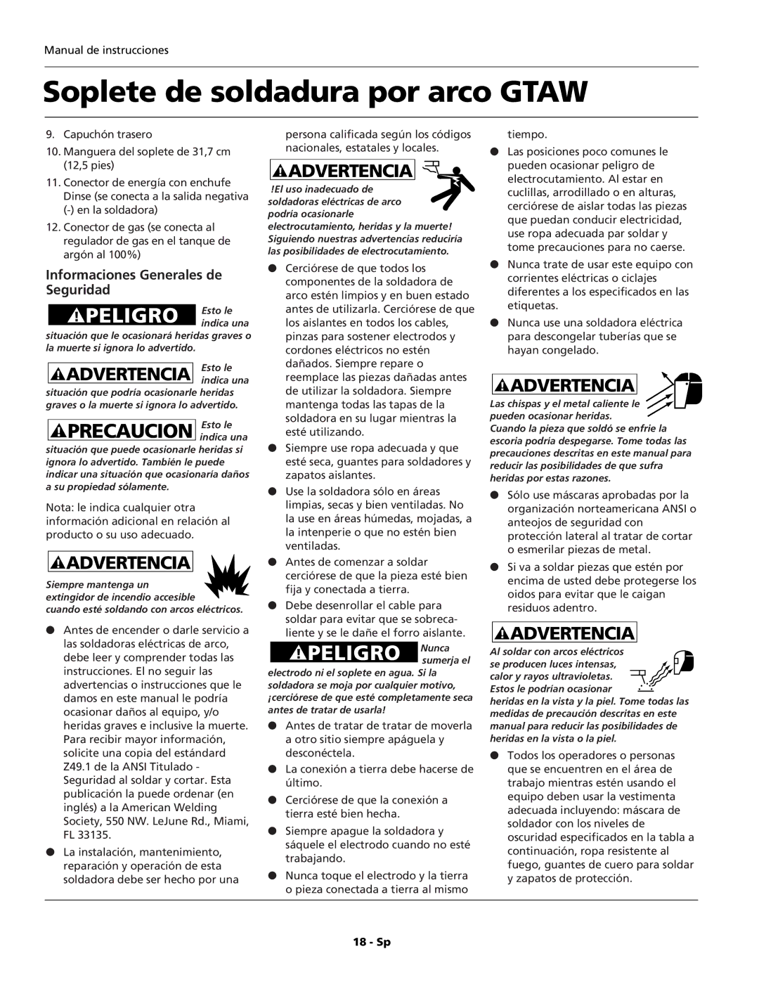 Campbell Hausfeld WT6100 operating instructions Soplete de soldadura por arco Gtaw, Informaciones Generales de Seguridad 