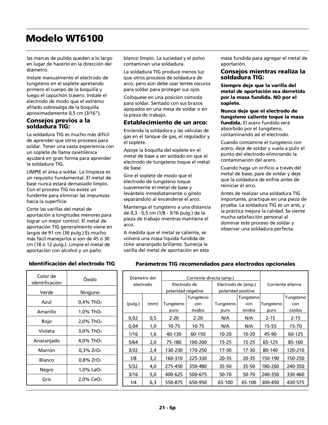 Campbell Hausfeld WT6100 operating instructions Consejos previos a la soldadura TIG, Establecimiento de un arco 