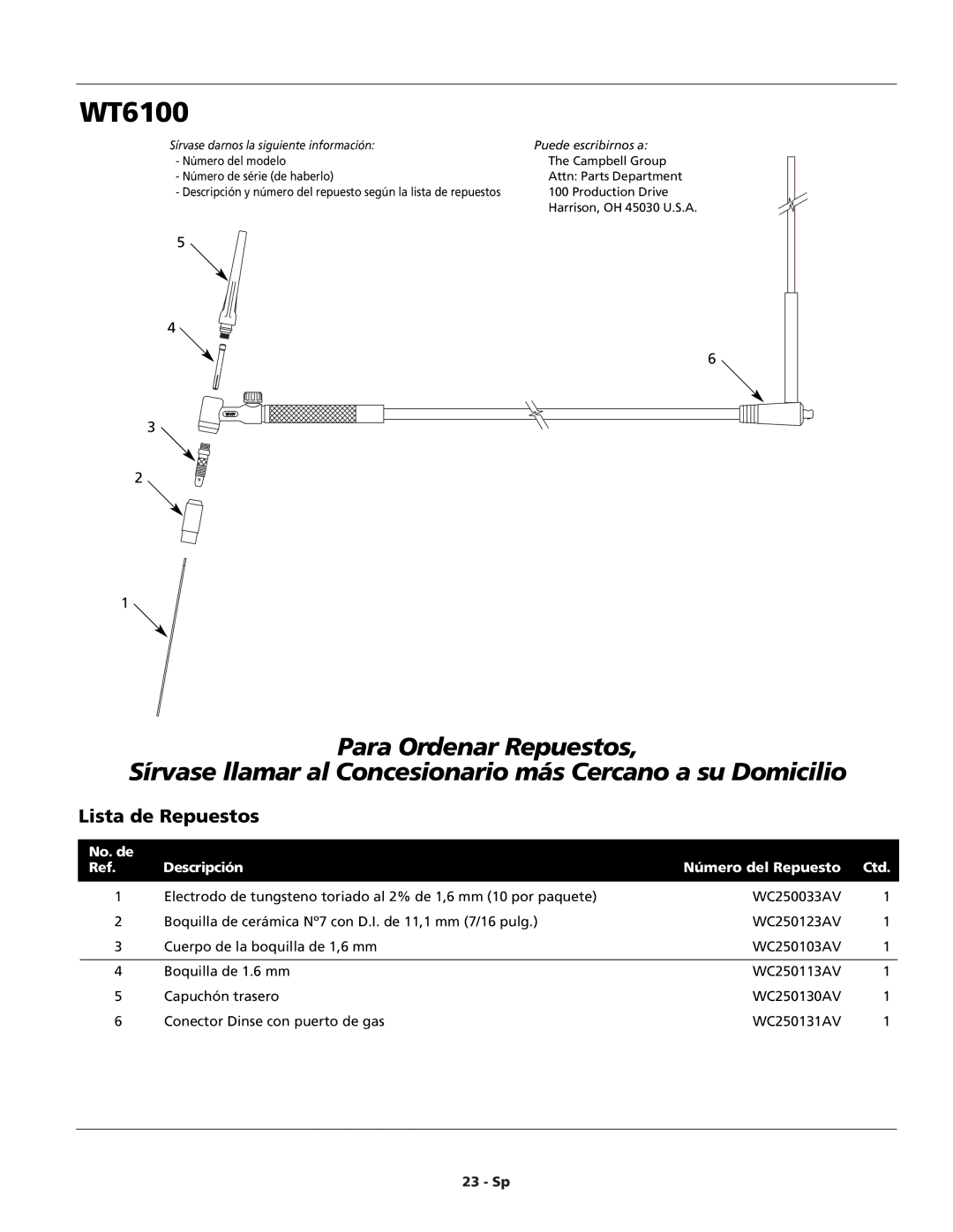 Campbell Hausfeld WT6100 operating instructions Lista de Repuestos, No. de Descripción Número del Repuesto Ctd 