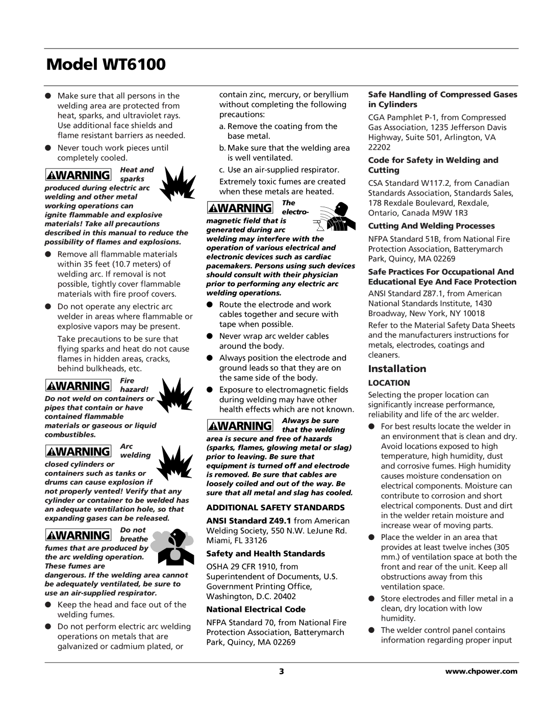 Campbell Hausfeld operating instructions Model WT6100, Installation 