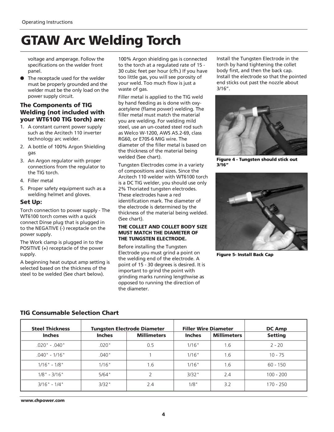 Campbell Hausfeld WT6100 operating instructions Set Up, TIG Consumable Selection Chart 