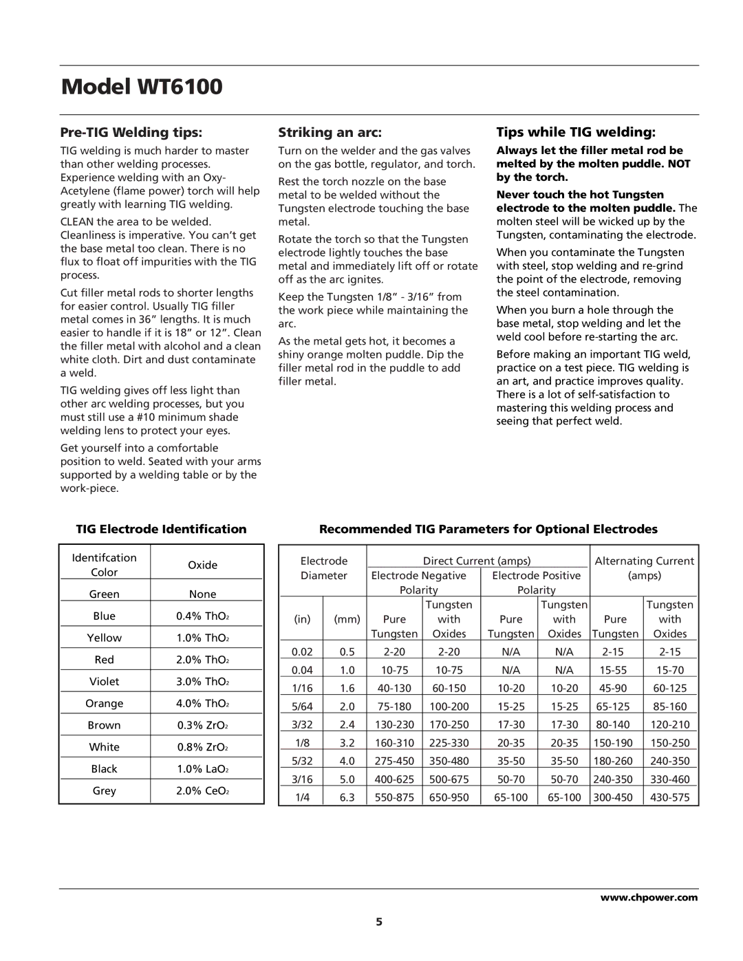 Campbell Hausfeld WT6100 operating instructions Pre-TIG Welding tips, Striking an arc, Tips while TIG welding 