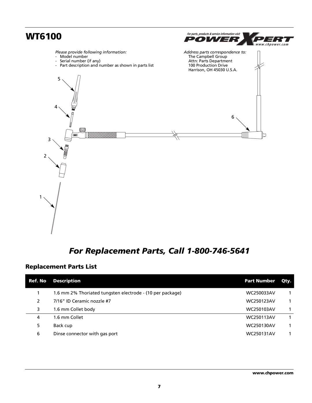 Campbell Hausfeld WT6100 operating instructions Replacement Parts List, Ref. No Description Part Number Qty 