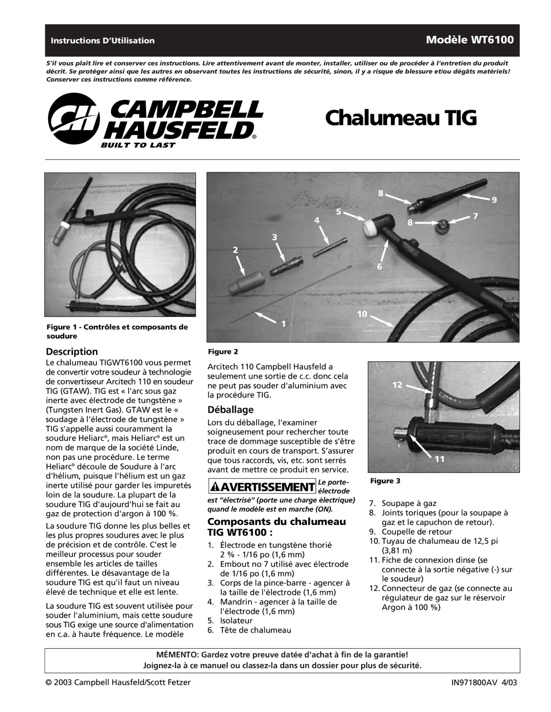 Campbell Hausfeld Chalumeau TIG, Déballage, Composants du chalumeau TIG WT6100, Instructions D’Utilisation 